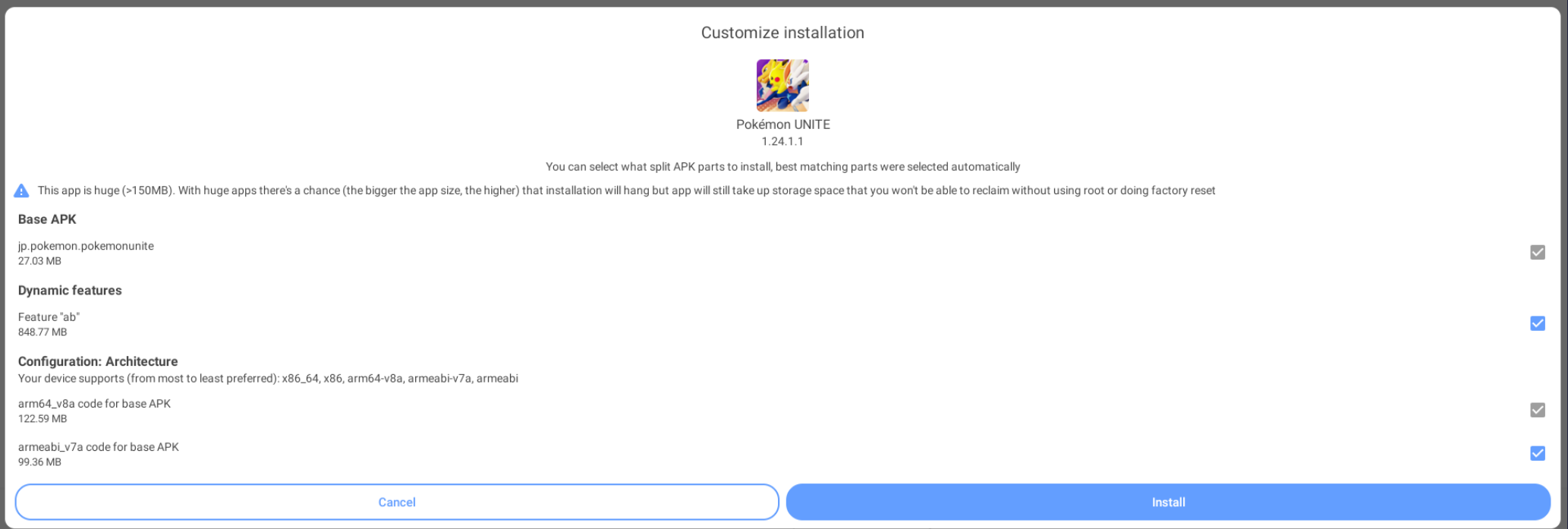 SAI's Customize installation screen for Pokémon UNITE 1.24.1.1, with every part ticked and the Install button at the bottom